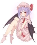 absurdres ascot bat_wings blush bobby_socks collared_shirt frilled_shirt_collar frilled_skirt frilled_sleeves frills gaden19 hand_on_own_face hat highres light_purple_hair looking_at_viewer mob_cap no_shoes pink_headwear pink_shirt pink_skirt pink_socks puffy_short_sleeves puffy_sleeves red_ascot red_eyes remilia_scarlet shirt short_hair short_sleeves sitting skirt skirt_set socks touhou wings wrist_cuffs 