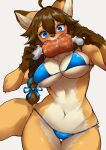  2023 absurd_res anthro bikini bikini_bottom bikini_top blue_eyes blush braided_hair breasts brown_body brown_fur brown_hair canid canine cleavage clothed clothing eating eating_food female fox fur hair hi_res mammal midriff multicolored_body multicolored_fur nana_(whooo-ya) navel orange_body orange_fur simple_background sleepiness18 solo swimwear tan_body tan_fur 