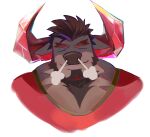  1boy =_= absurdres animal_ears bad_id bad_weibo_id bara character_request chest_hair cow_ears cow_horns cropped_torso crystal_horn forked_eyebrows furry furry_male highres horns large_pectorals live_a_hero mature_male minotaur muscular muscular_male pectorals red_shirt shirt smile solo steam_from_nose thick_eyebrows zhoye_(nakanoaaww) 