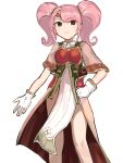  1girl armor breastplate circlet closed_mouth fire_emblem fire_emblem_echoes:_shadows_of_valentia gloves graffiti_uthn hand_on_own_hip highres long_hair looking_at_viewer mae_(fire_emblem) pelvic_curtain pink_hair red_eyes short_sleeves solo twintails white_background white_gloves 