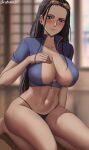  1girl artist_name black_hair black_panties blue_eyes blurry blurry_background blush breasts closed_mouth collarbone eyewear_on_head forehead highres indoors large_breasts light_smile long_hair navel nico_robin on_floor one_piece oroborus panties seiza short_sleeves sitting solo underwear zipper_pull_tab 