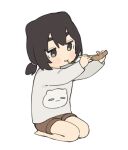  1girl :t barefoot black_hair blush brown_eyes brown_shorts cheese_trail closed_mouth eating eyebrows_hidden_by_hair food full_body grey_shirt holding holding_food long_sleeves looking_away low_ponytail neko_to_chiyo pizza pizza_slice ponytail print_shirt seiza seramikku shirt short_eyebrows short_shorts shorts simple_background sitting solo thick_eyebrows white_background 