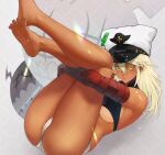  1girl artist_name bandaged_arm bandages bare_legs bare_shoulders barefoot breasts clover crop_top dark-skinned_female dark_skin english_commentary feet foot_out_of_frame four-leaf_clover gabriel_carrasquillo guilty_gear guilty_gear_strive hair_between_eyes hat leg_hold legs legs_up long_hair looking_at_viewer lying medium_breasts on_back patreon_username ramlethal_valentine shirt short_shorts shorts sleeveless sleeveless_shirt soles solo thighs toes underboob white_hair white_shorts yellow_eyes 