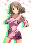  1girl animal_print breasts brown_eyes brown_hair butterfly_print cleavage closed_mouth collarbone dress hair_ornament heart heart_hands idolmaster idolmaster_cinderella_girls idolmaster_cinderella_girls_starlight_stage jewelry long_hair long_sleeves medium_breasts nanananananasea necklace pink_dress short_hair smile solo starry_background tsukimiya_miyabi 