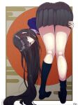  absurdres ass bent_over blue_eyes blue_jacket covered_mouth grabbing_own_thigh hair_ornament hairpin highres jacket kneepits long_hair looking_at_viewer persona persona_5 school_uniform socks thighs tougou_hifumi yousuketwelve 
