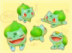  ! animal_focus blush bright_pupils bulbasaur claws closed_eyes closed_mouth fangs flower flower_on_head happy highres kerorosarara no_humans open_mouth pokemon pokemon_(creature) red_eyes smile speech_bubble white_pupils yellow_background yellow_flower 