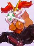  2023 anthro anthrofied areola balls big_breasts blush bodily_fluids braixen breasts canid canine chest_tuft clitoris cum cum_on_balls dark_body dark_skin duo egg faceless_character faceless_human faceless_male fangs female fur generation_6_pokemon genital_fluids genitals hi_res human human_on_anthro humanoid_genitalia humanoid_penis inner_ear_fluff interspecies leaking_cum licking looking_at_viewer low-angle_view male male/female mammal nintendo nipples nude omikuro one_eye_closed orange_areola orange_body orange_fur orange_nipples penis pokemon pokemon_(species) pokephilia precum purple_background pussy pussyjob red_body red_eyes red_fur saliva sex simple_background smile solo spread_legs spreading steam straddling_balls straddling_penis sweat teeth thick_thighs tongue tongue_out tuft white_background 