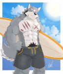  2022 abs anthro areola barazoku biceps biped bottomwear canid canine canis clothed clothing cloud day eyebrows fur grey_body grey_fur hand_on_hip hi_res kemono male mammal muscular muscular_anthro muscular_male nipples outside pecs pose pubes scar shorts signature sky smile solo standing sun surfboard swimming_trunks swimwear topless wolf zen_crael 