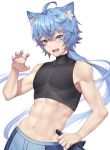  abs absurdres animal_ears apollo_(vtuber) bare_shoulders blue_eyes blue_hair blue_nails bodysuit cat_ears commission crop_top fangs hair_between_eyes heterochromia highres holding holding_sword holding_weapon indie_virtual_youtuber long_hair midriff muscular muscular_male nasaniliu navel open_mouth pants pink_eyes ponytail skeb_commission stomach sword weapon white_background 