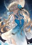  1girl arrrrrry1 blonde_hair blue_eyes blue_flower closed_mouth cloud dress flower hair_between_eyes hair_flower hair_ornament head_tilt highres holding holding_flower isekai_joucho kamitsubaki_studio light light_smile long_hair long_sleeves looking_at_viewer moon night night_sky one_eye_closed sidelocks sky smile solo star_(sky) water white_background zipper 