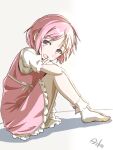  1girl :o artist_name asuka_(pixiv82529874) dress elbows_on_knees full_body highres knees_up looking_at_viewer pink_dress pink_hair purple_eyes shadow short_hair short_sleeves simple_background sitting socks toaru_kagaku_no_railgun toaru_majutsu_no_index tsukuyomi_komoe white_socks 