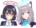  2girls animal_ear_fluff animal_ears ayane_(blue_archive) azumi_akitake black_hair blue_archive blue_eyes blue_necktie blue_scarf blush bright_pupils brown_eyes cross_hair_ornament glasses grey_hair hair_ornament halo headset looking_at_viewer multiple_girls necktie pointy_ears red-framed_eyewear scarf shiroko_(blue_archive) short_hair upper_body white_pupils 