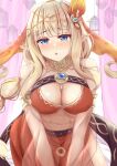  1girl blonde_hair blue_eyes blush breasts cleavage detached_sleeves elf hair_ornament i_tamima large_breasts long_hair looking_at_viewer official_alternate_costume open_mouth pointy_ears princess_connect! saren_(princess_connect!) saren_(sarasaria)_(princess_connect!) sidelocks solo stomach veil 