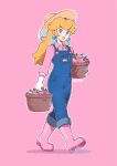  1girl artist_name basket blonde_hair blue_eyes blue_overalls blue_pants boots brown_headwear buttons collared_shirt commentary_request denim earrings english_commentary eyelashes food fruit full_body gloves hair_between_eyes hat highres holding holding_basket jewelry lips long_hair long_sleeves looking_at_viewer mario_(series) official_alternate_costume outline overalls pants parted_lips peach pink_background pink_footwear pink_lips pink_shirt princess_peach rubber_boots saiwo_(saiwoproject) shirt sidelocks simple_background smile solo sphere_earrings straw_hat super_mario_odyssey walking white_gloves white_outline wing_collar 