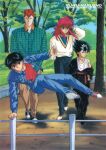  1990s_(style) 4boys absurdres arm_tattoo arm_up black_eyes black_hair brown_eyes casual character_name collared_shirt copyright_name day denim denim_jacket fence green_eyes hand_in_pocket hand_to_head headband hiei_(yu_yu_hakusho) highres jacket jeans kurama_(yu_yu_hakusho) kuwabara_kazuma light_smile long_hair long_sleeves looking_at_viewer male_focus multiple_boys non-web_source off_shoulder official_art open_clothes open_jacket outdoors pants plaid plaid_shirt pompadour red_eyes red_hair red_shirt retro_artstyle scan shirt shirt_tucked_in shoes sneakers standing tattoo urameshi_yusuke v-neck yu_yu_hakusho 