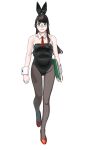  1girl absurdres alternate_costume animal_ears black_hair black_leotard black_pantyhose book closed_mouth detached_collar fake_animal_ears flat_chest full_body glasses green_eyes high_heels highres kantai_collection legs leotard long_hair looking_at_viewer necktie ojipon ooyodo_(kancolle) pantyhose playboy_bunny rabbit_ears red_footwear red_necktie see-through semi-rimless_eyewear simple_background smile solo standing strap strapless strapless_leotard thighband_pantyhose under-rim_eyewear white_background wrist_cuffs 