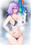  1girl alternate_costume bare_shoulders bikini black_bikini blush breasts cleavage collarbone commentary cowboy_shot digimon digimon_world_re:digitize glasses hair_between_eyes hand_on_own_hip holding holding_water_gun large_breasts looking_at_viewer luex medium_hair mikagura_mirei navel open_mouth purple-framed_eyewear purple_eyes purple_hair see-through see-through_shirt shirt sidelocks solo standing stomach swimsuit water water_gun wet wet_clothes wet_shirt 
