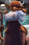  anthro apron ardail areola bar barista big_breasts bite biting_lip bodily_fluids bovid bovine breasts brown_hair cattle clothed clothing female fingers fully_clothed garter_belt garter_straps hair hair_over_eyes hi_res highland_cattle hooved_fingers hooves horn inside lactating lactating_through_clothing legwear mammal margaret_de_campos mice_tea milk nipples solo standing stockings sweat tail tail_tuft translucent translucent_clothing tuft wet wet_clothing 