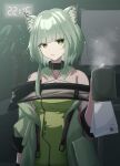  1girl absurdres animal_ear_fluff animal_ears arknights bare_shoulders black_collar breasts cat_ears cat_girl clock collar cup diamond-shaped_pupils diamond_(shape) digital_clock dress green_dress green_eyes green_hair highres holding holding_cup jacket kal&#039;tsit_(arknights) long_sleeves looking_at_viewer medium_breasts mug off-shoulder_dress off_shoulder ogat_0427 open_clothes open_jacket oripathy_lesion_(arknights) parted_lips short_hair solo symbol-shaped_pupils upper_body 