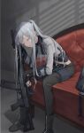  1girl absurdres ak-12 ak-12_(girls&#039;_frontline) assault_rifle black_gloves black_pants boots closed_eyes commentary_request couch elbow_on_knee expressionless foot_out_of_frame girls&#039;_frontline gloves grey_hair grey_shirt gun highres holding holding_gun holding_weapon indoors kalashnikov_rifle leaning_forward long_hair long_sleeves midriff pants partially_fingerless_gloves ponytail rifle senkou_(dwrp3257) shirt sidelocks sitting solo weapon 