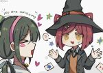  &gt;o&lt; 2girls :3 :d ? black_headwear black_jacket blush blush_stickers card chabashira_tenko chifurin choker closed_eyes collared_shirt danganronpa_(series) danganronpa_v3:_killing_harmony green_hair grey_shirt hairband hat heart highres jacket multiple_girls open_clothes open_jacket open_mouth orange_eyes pink_hairband playing_card red_hair shirt short_hair smile speech_bubble spoken_question_mark star_(symbol) white_background white_shirt witch_hat yumeno_himiko 