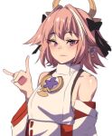 1boy astolfo_(fate) black_bow bow cosplay detached_sleeves fate/apocrypha fate_(series) fox_shadow_puppet genshin_impact hair_bow hair_intakes hair_ornament hair_ribbon highres hinghoi japanese_clothes looking_at_viewer male_focus mihoyo multicolored_hair nontraditional_miko otoko_no_ko pink_hair purple_eyes ribbon simple_background smile solo streaked_hair upper_body white_background white_hair white_sleeves wide_sleeves yae_miko yae_miko_(cosplay) 