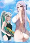  absurdres ass blue_eyes blue_sky epinel_(nikke) folkwang_(nikke) from_behind goddess_of_victory:_nikke green_eyes grey_hair hand_under_clothes highres holding holding_water_gun kana_(wucz8478) long_hair multicolored_hair one-piece_swimsuit purple_hair ribbon sky swimsuit water_gun 