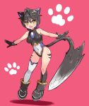  1girl animal_ears ass_visible_through_thighs black_footwear black_gloves black_hair black_leotard blue_hair body_fur body_markings boots breasts cat_ears cat_girl cat_tail commentary cougar_(cougar1404) cut_cat gloves jumping kua_(cut_cat) leotard looking_at_viewer medium_breasts open_mouth outstretched_arms paw_print pink_background prototype_design shadow short_hair simple_background single_thighhigh sleeveless smile solo spread_arms tail thighhighs tiger_stripes white_thighhighs yellow_eyes 