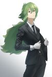  1boy alternate_costume asamaru1225 belt black_jacket black_necktie black_pants brown_belt collared_shirt commentary_request formal gloves gradient_background green_hair hair_between_eyes highres jacket long_hair looking_down male_focus n_(pokemon) necktie open_clothes open_jacket pants parted_lips pokemon pokemon_(game) pokemon_bw shirt solo white_gloves white_shirt 