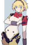  1girl aegis_(persona) blonde_hair blue_eyes bow bowtie bracelet do_m_kaeru hairband jewelry joints looking_at_viewer persona persona_3 red_bow red_bowtie robot_girl robot_joints short_hair solo 