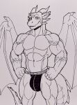  absurd_res anthro bulge clothed clothing dragon genital_outline hi_res horn jockstrap looking_at_viewer male membrane_(anatomy) membranous_wings muscular nameless00 penis_outline scalie solo topless underwear western_dragon wings 