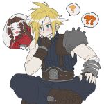  1boy 1girl ? ?? aerith_gainsborough armor asymmetrical_arms baggy_pants bandaged_arm bandages belt blonde_hair blue_eyes blush boots brown_footwear brown_gloves brown_hair closed_eyes cloud_strife curly_hair earrings final_fantasy final_fantasy_vii fingerless_gloves gloves hair_ribbon hand_on_own_face highres jacket jewelry leather_belt long_hair nt_26 open_clothes open_jacket open_mouth pants pauldrons red_jacket red_ribbon ribbon shoulder_armor single_pauldron sleeveless sleeveless_turtleneck smile spiked_hair stud_earrings studded_belt suspenders thinking thought_bubble turtleneck 