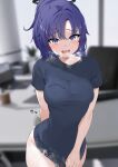  1girl absurdres arm_behind_back awnw black_shirt blue_archive blurry blurry_background blush bottomless breasts breath commentary_request covering_crotch covering_privates cum cumdrip halo highres indoors looking_at_viewer medium_breasts purple_eyes purple_hair shirt shirt_tug short_sleeves solo steaming_body sweat twitter_username yuuka_(blue_archive) 