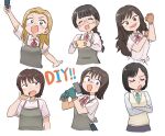  6+girls :3 :d apron arm_up bandaid bandaid_on_face bandaid_on_nose black_eyes black_hair blonde_hair blue_skirt blunt_ends bob_cut bowl braid braided_ponytail brown_gloves closed_eyes clothes_around_waist commentary copyright_name cropped_torso cup do_it_yourself!! do_it_yourself!!_(drama) dress_shirt facing_viewer flexing frown glasses gloves green_necktie hammer hand_in_own_hair hand_on_own_shoulder hikage_takumi holding holding_bowl holding_cup holding_tool juliet_queen_elizabeth_viii kouki_kokoro long_hair looking_at_viewer messy_hair mole mole_under_mouth multiple_girls neck_ribbon necktie open_mouth red_ribbon ribbon rimless_eyewear round_eyewear school_uniform shirt short_sleeves single_braid skirt smile standing suride_miku sweater_vest swept_bangs t-shirt tsubobot v-neck white_background white_shirt white_sweater_vest wing_collar yasaku_rei yua_serufu 