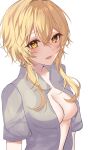  1girl blonde_hair breasts commentary genshin_impact grey_shirt highres looking_at_viewer looking_up lumine_(genshin_impact) medium_breasts open_clothes open_mouth open_shirt shirt short_hair_with_long_locks short_sleeves sidelocks simple_background solo symbol-only_commentary upper_body white_background yaduki100 yellow_eyes 