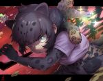  1girl animal_ears belt black_belt black_gloves black_hair black_jaguar_(kemono_friends) black_skirt blue_eyes extra_ears gloves high-waist_skirt itoyoki18 jaguar_ears jaguar_girl jaguar_print jaguar_tail kemono_friends kemono_friends_3 looking_at_viewer print_gloves print_skirt purple_shirt shirt short_hair sidelocks skirt solo sparkle tail 