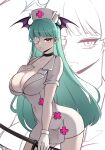  1girl absurdres breasts cleavage collarbone cosplay cowboy_shot cross green_hair hat head_wings highres long_hair morrigan_aensland nurse_cap red_eyes shinibun skullgirls solo valentine_(skullgirls) valentine_(skullgirls)_(cosplay) vampire_(game) wings 