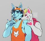  anthro asian_mythology blep blonde_hair blue_eyes blue_hair blue_tongue canid canine clothing collar diamobster drift_(fortnite) duo ear_piercing east_asian_mythology epic_games fortnite fox fur hair headgear headwear hoodie japanese_mythology katsu_(character) looking_at_viewer male male/male mammal multicolored_body multicolored_fur muscular mythology piercing pink_eyes romantic romantic_couple shirt tank_top tongue tongue_out topwear two_tone_body two_tone_fur white_body white_fur yokai 