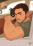  1boy arm_hair bara beard driving facial_hair green_shirt highres looking_at_viewer male_focus mature_male muscular muscular_male mustache original painterly rouyuan_shiqi_(ro_seventeen) shirt short_hair solo upper_body 