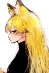  1girl animal_ear_fluff animal_ears black_sweater blonde_hair extra_ears ezo_red_fox_(kemono_friends) fox_ears fox_tail ise_(0425) kemono_friends long_hair looking_at_viewer profile simple_background solo sweater tail turtleneck turtleneck_sweater upper_body yellow_eyes 