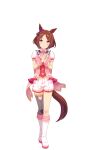  1girl animal_ears ascot bow bowtie brown_hair flower_in_eye game_model highres horse_ears horse_girl horse_tail kneehighs looking_at_viewer multiple_girls official_art own_hands_together parted_bangs pink_ascot pink_eyes puffy_short_sleeves puffy_sleeves sakura_laurel_(umamusume) shirt short_hair short_sleeves shorts signature simple_background single_kneehigh single_sock smile socks solo symbol_in_eye tail transparent_background tsurime umamusume white_footwear white_shorts wrist_cuffs 