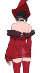  1girl back bare_shoulders black_choker black_hair boots choker dress guilty_gear guilty_gear_xrd hat highres hitsuji_kusa i-no long_sleeves red_dress red_footwear red_headwear red_leather short_hair thigh_boots wide_sleeves witch_hat 