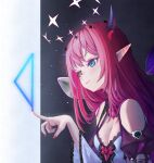  1girl breasts cleavage halo heterochromia highres hololive horns irys_(1st_costume)_(hololive) irys_(hololive) long_hair long_long_life nail_polish pink_nails pointy_ears smile solo star_halo triangle 