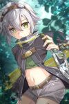  1girl crop_top double-parted_bangs eiyuu_densetsu fie_claussell goggles goggles_on_head green_eyes gunblade hair_between_eyes highres holding holding_weapon jacket leaf navel scarf sen_no_kiseki sen_no_kiseki_ii short_hair shorts solo weapon zer00han 