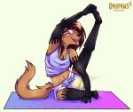  anthro bodily_fluids canid canine canis clothed clothing diaper diaper_use domestic_dog female genital_fluids mammal omopaws peeing solo solo_focus stretching tongue tongue_out urine wearing_diaper wetting yoga yoga_mat 