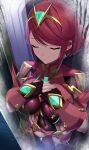  1girl blush breasts chest_jewel closed_eyes earrings fingerless_gloves gloves headpiece highres jewelry large_breasts looking_at_viewer pyra_(xenoblade) red_hair reflection rex_(xenoblade) short_hair sleeping sleeping_upright smile solo swept_bangs tiara xenoblade_chronicles_(series) xenoblade_chronicles_2 yuuki_shin 