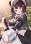  1girl absurdres animal_ears apron black_dress blurry blurry_background blush brown_hair dog_ears dog_girl dress fang hair_ornament heterochromia highres holding holding_menu holding_plate inui_toko inui_toko_(8th_costume) juliet_sleeves long_sleeves looking_at_viewer maid maid_apron maid_headdress menu nijisanji official_alternate_costume open_mouth plate puffy_sleeves red_eyes regimiruku short_hair smile solo virtual_youtuber white_apron yellow_eyes 