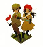  2girls bandana black_footwear black_gloves boots brown_pants double_bun flat_cap full_body gloves green_jacket hair_bun hat highres holding_thermos jacket mongolian_clothes multiple_girls nanimonothing original pants red_bandana red_flag 