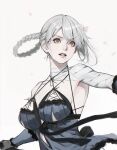  1girl ass bandaged_arm bandaged_neck bandages black_gloves blue_negligee breasts d.k elbow_gloves falling_petals flower gloves hair_rings holding holding_weapon kaine_(nier) lace-up large_breasts looking_ahead nier nier_(series) orange_eyes petals single_bare_shoulder solo weapon white_background 