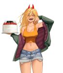  1girl birthday_cake blonde_hair breasts cake chainsaw_man cowboy_shot crop_top cross-shaped_pupils cutoffs fangs finger_in_own_mouth food green_jacket hair_between_eyes highres horns jacket long_hair looking_at_viewer medium_breasts midriff navel open_mouth power_(chainsaw_man) red_horns sharp_teeth shorts simple_background smile solo strawberry_cake symbol-shaped_pupils teeth tefi_blum torn_clothes torn_shorts white_background yellow_eyes 